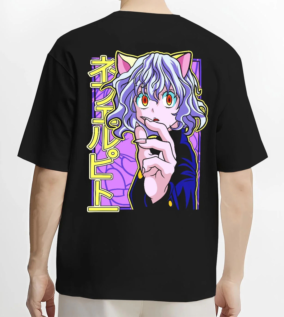 Black T-shirt worn by male model from the back featuring Neferpitou Chimera Ant Nen power artwork.