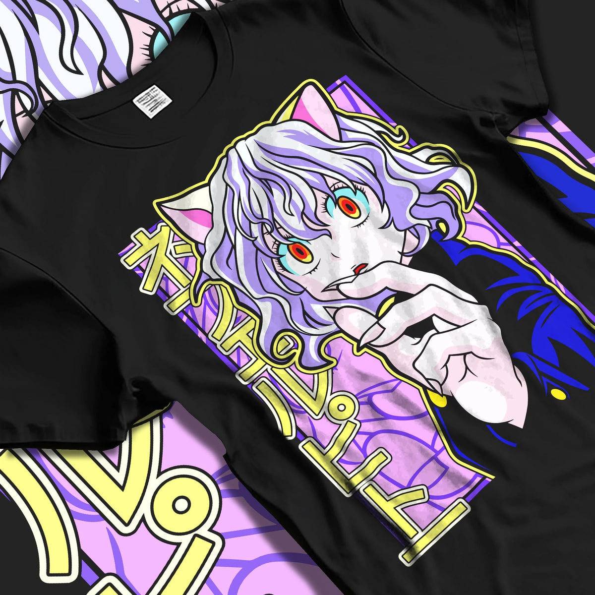 Black T-shirt laid flat with natural folds featuring Neferpitou Chimera Ant Nen power artwork.
