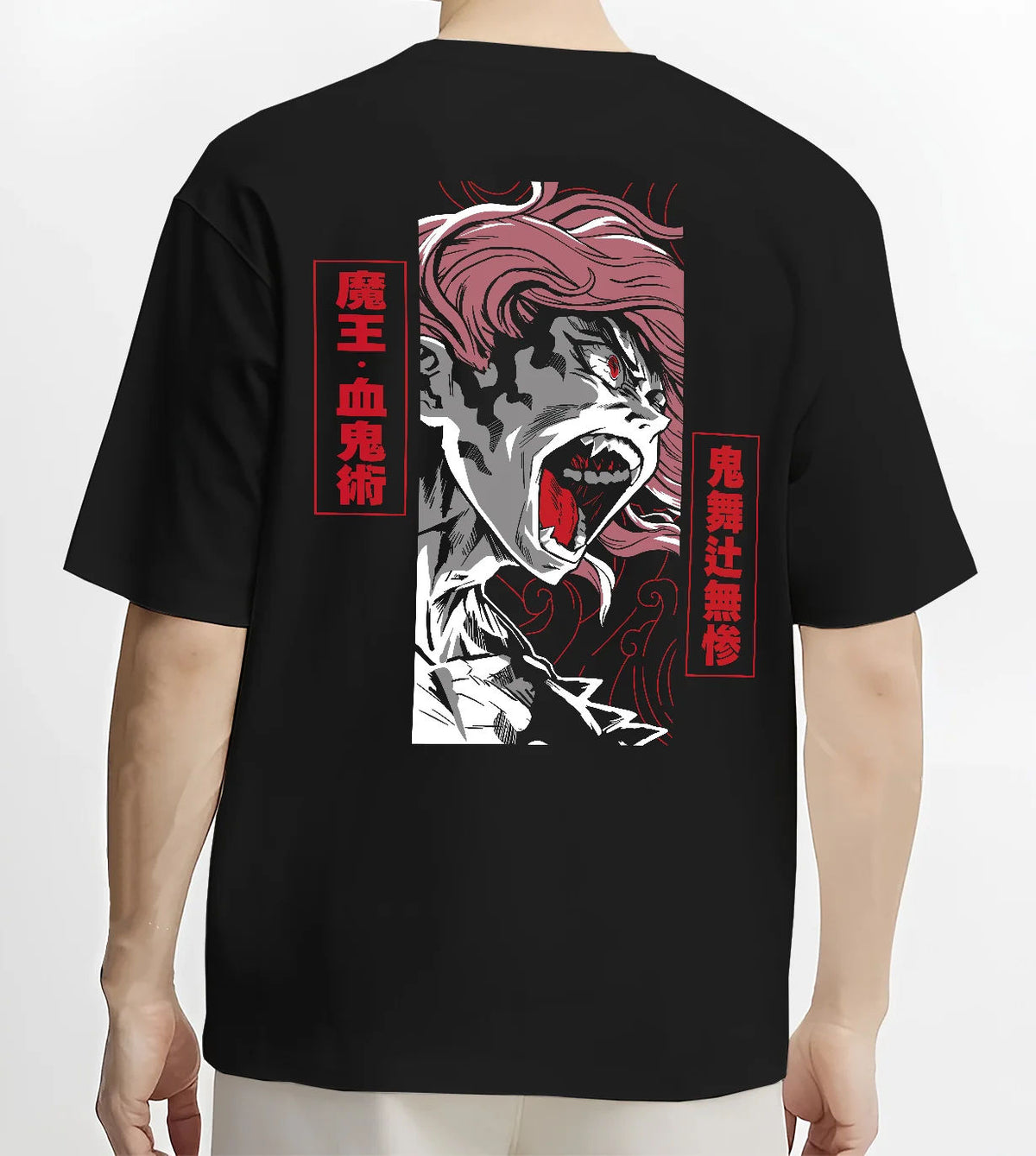 Black T-shirt model back view showing Nezuko Kamado from Demon Slayer: blood demon form