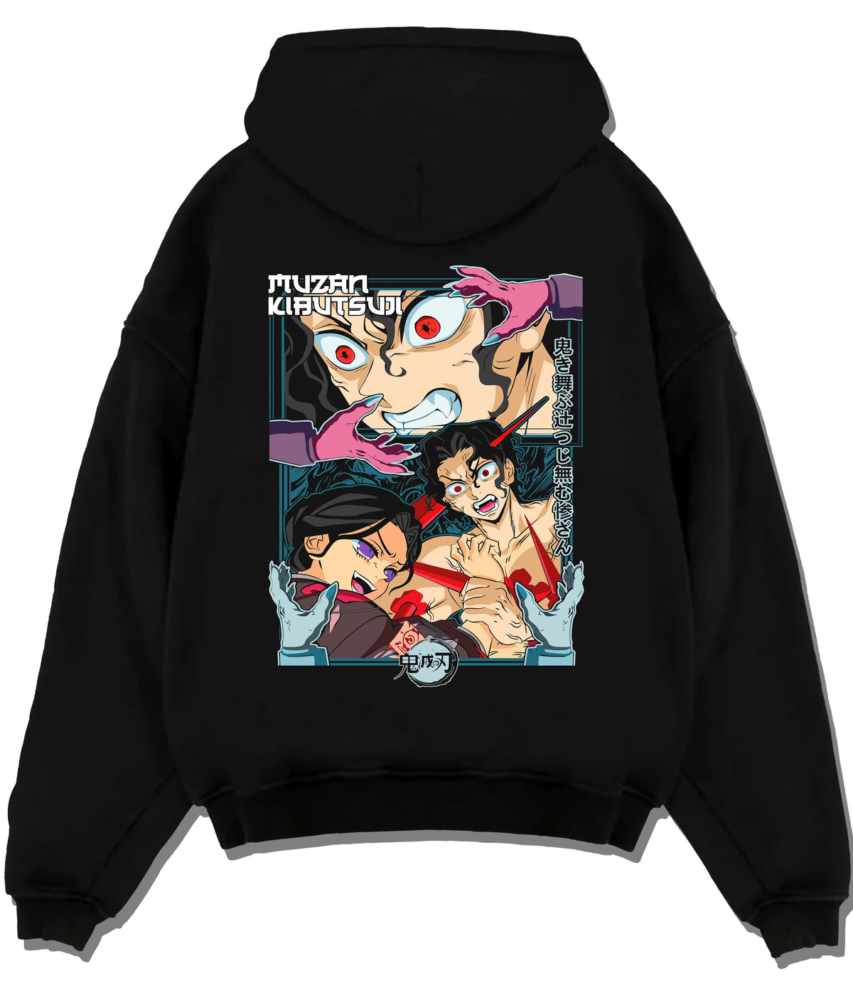 Black hoodie flat back view with Demon Slayer cast, including Nezuko and Tanjiro illustrated back graphic