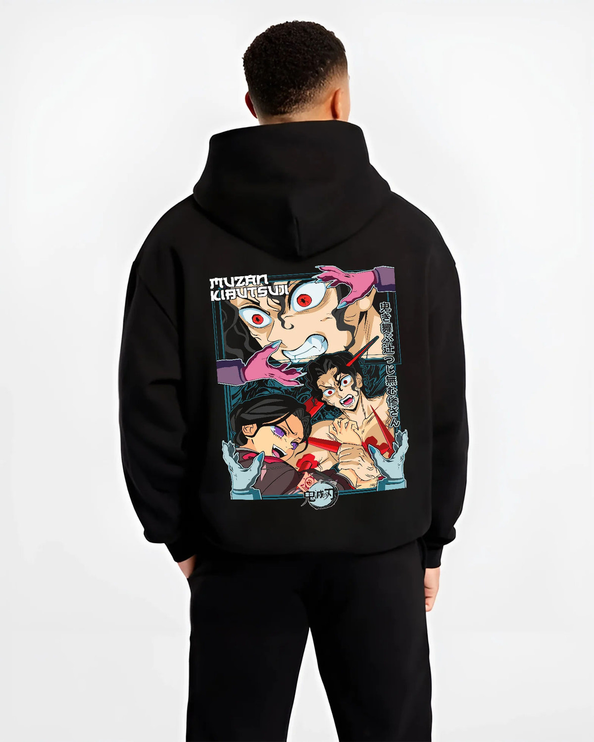 Black hoodie model back view with Demon Slayer cast, including Nezuko and Tanjiro illustrated back graphic