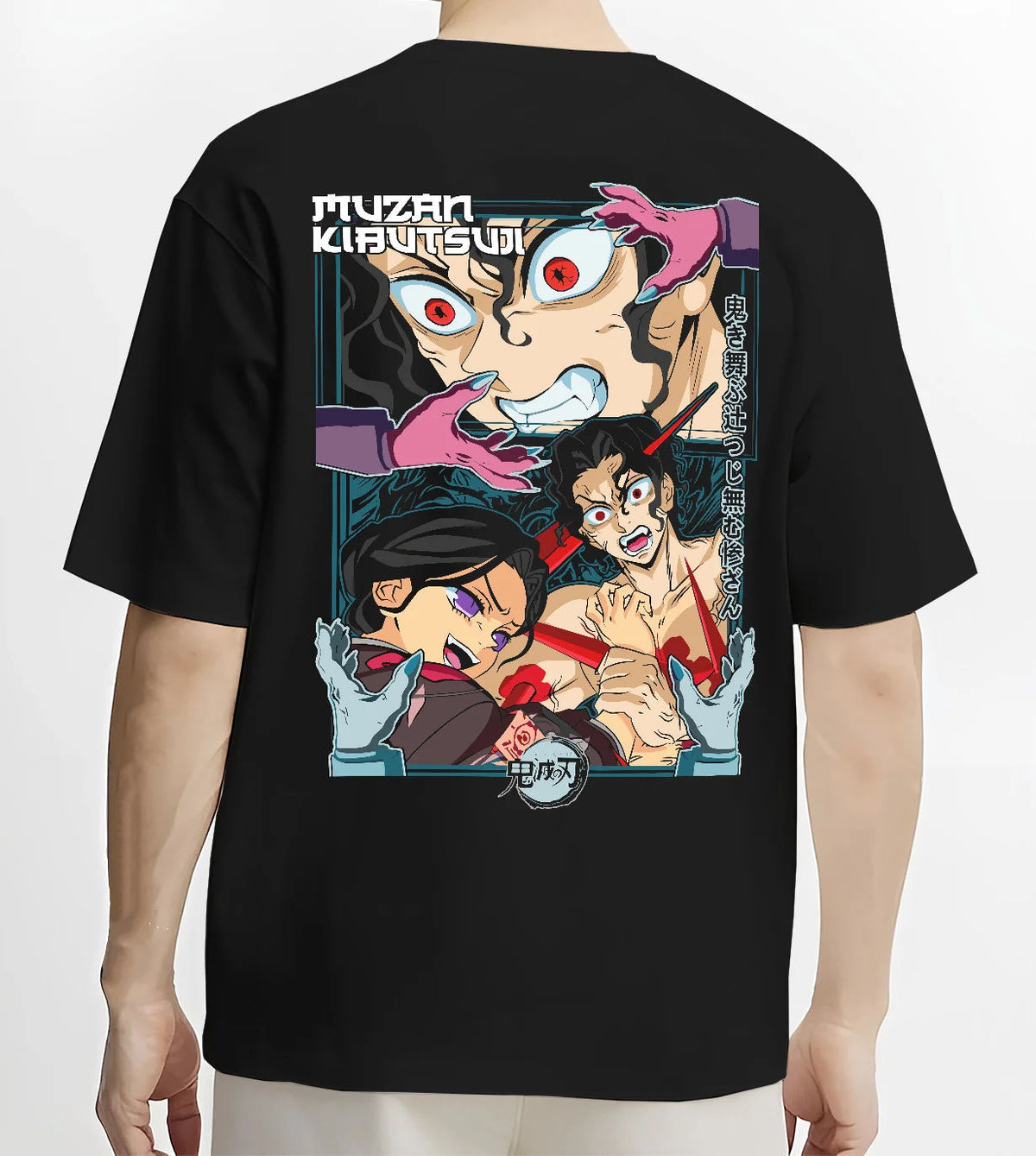 Black T-shirt model back view with Demon Slayer cast, including Nezuko and Tanjiro illustrated back graphic