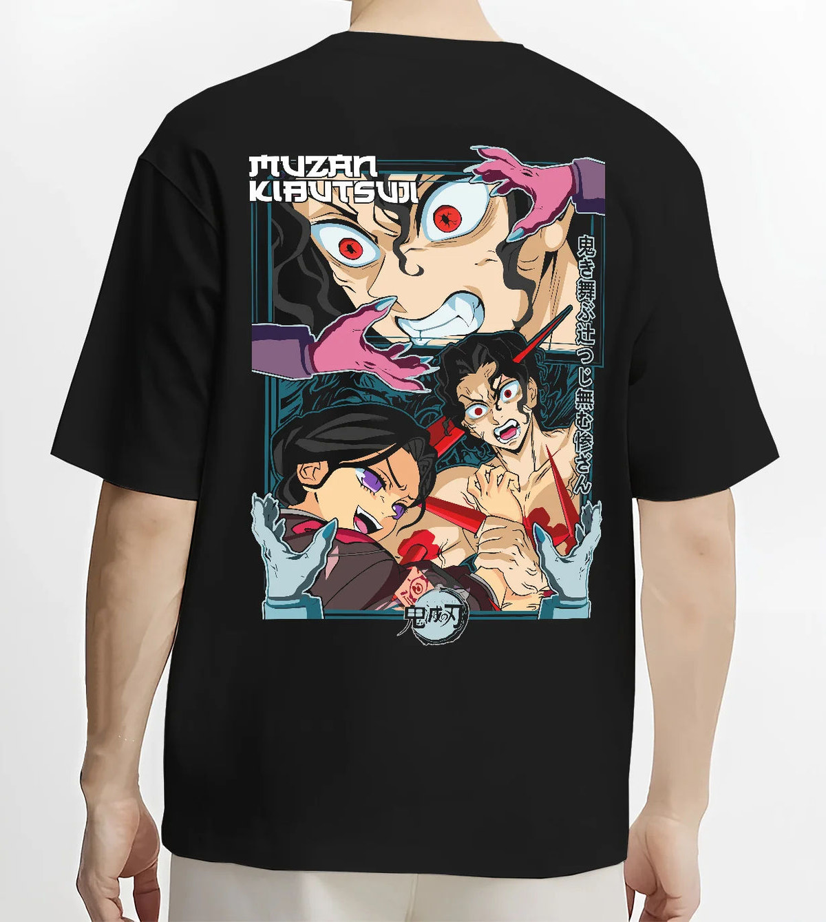 Black T-shirt model back view with Demon Slayer cast, including Nezuko and Tanjiro illustrated back graphic
