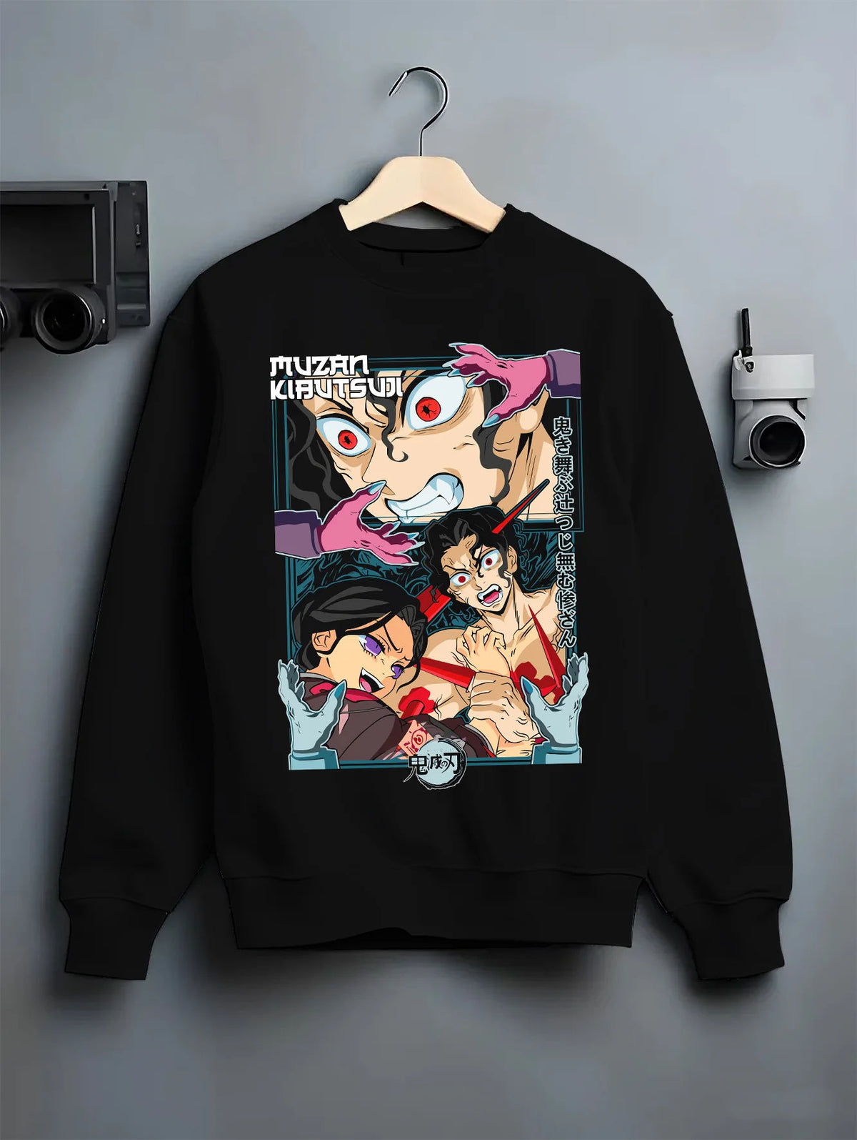 Black crewneck sweatshirt on hanger with Demon Slayer cast, including Nezuko and Tanjiro illustrated back graphic