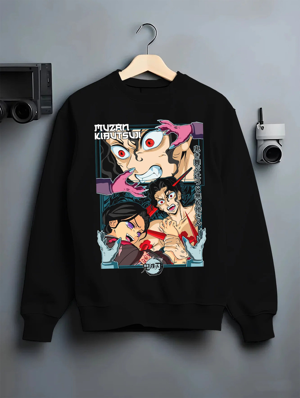 Black crewneck sweatshirt on hanger with Demon Slayer cast, including Nezuko and Tanjiro illustrated back graphic