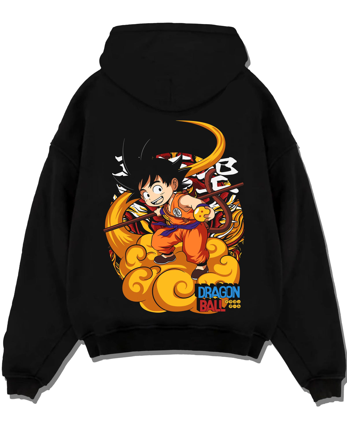 Black hoodie laid flat featuring Kid Goku riding Flying Nimbus artwork.