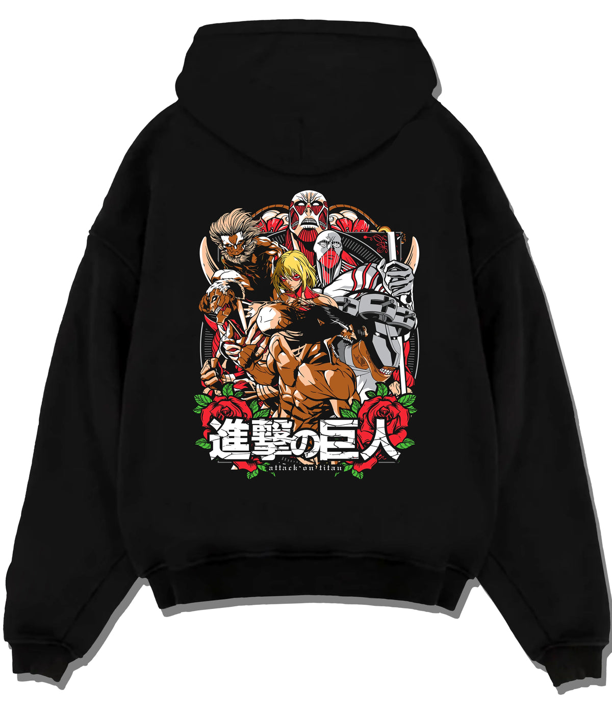 Black hoodie flat back view showing Attack on Titan: Corps and Titans ensemble
