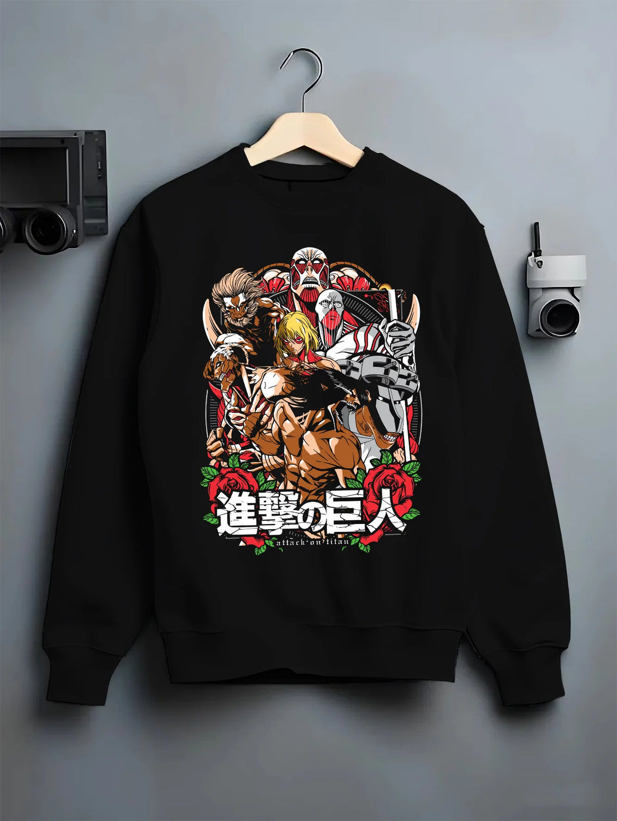 Black crewneck sweatshirt on hanger showing Attack on Titan: Corps and Titans ensemble