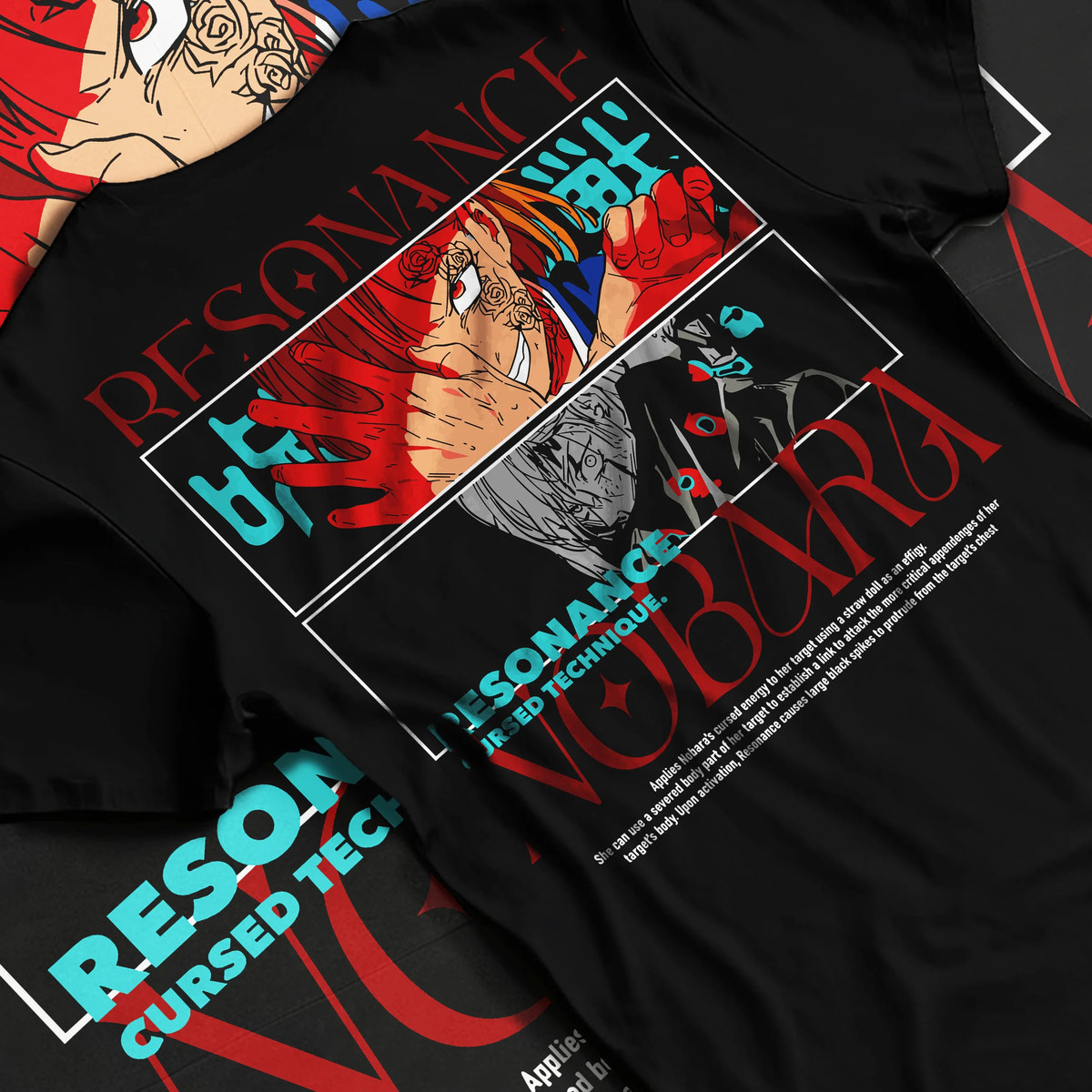 Black T-shirt flat back view showing Nobara Kugisaki from Jujutsu Kaisen: Resonance technique
