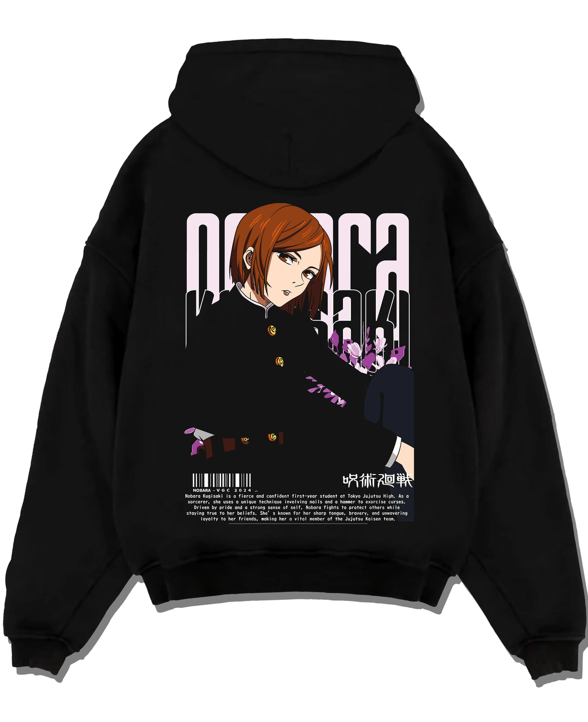 Black hoodie laid flat featuring Nobara Kugisaki confident portrait artwork.