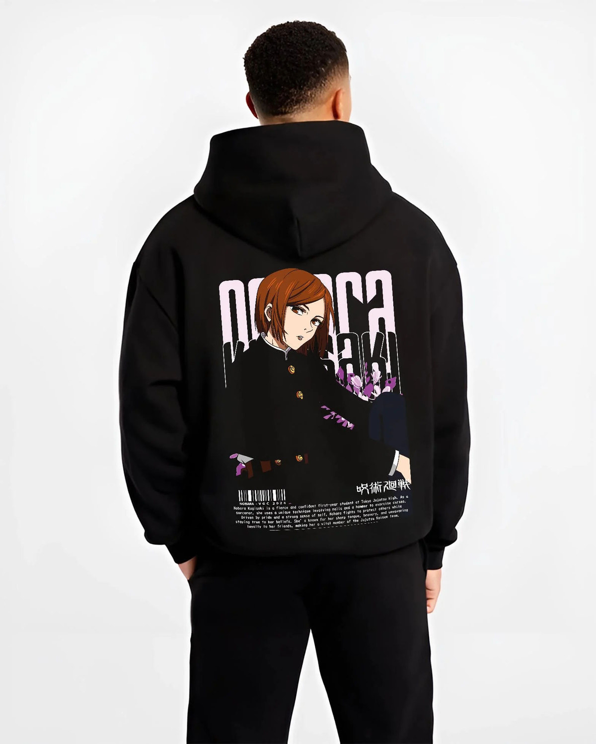 Black hoodie worn by male model from the back featuring Nobara Kugisaki confident portrait artwork.