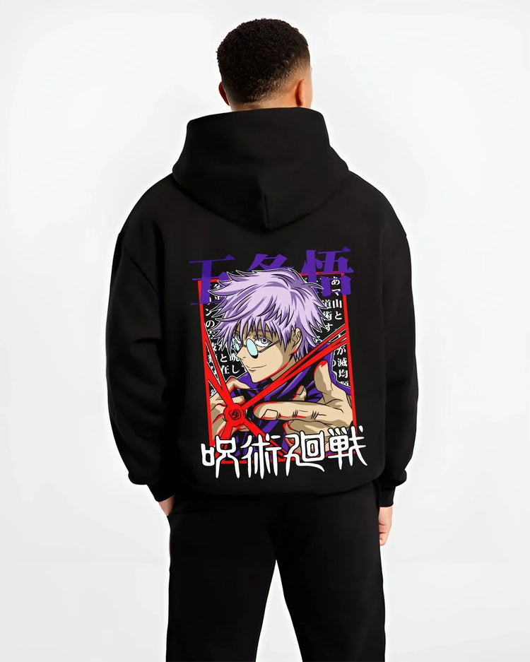 Black hoodie worn by male model, back view with Satoru Gojo Hoodie Jujutsu Kaisen Infinity Cut graphic streetwear graphic.