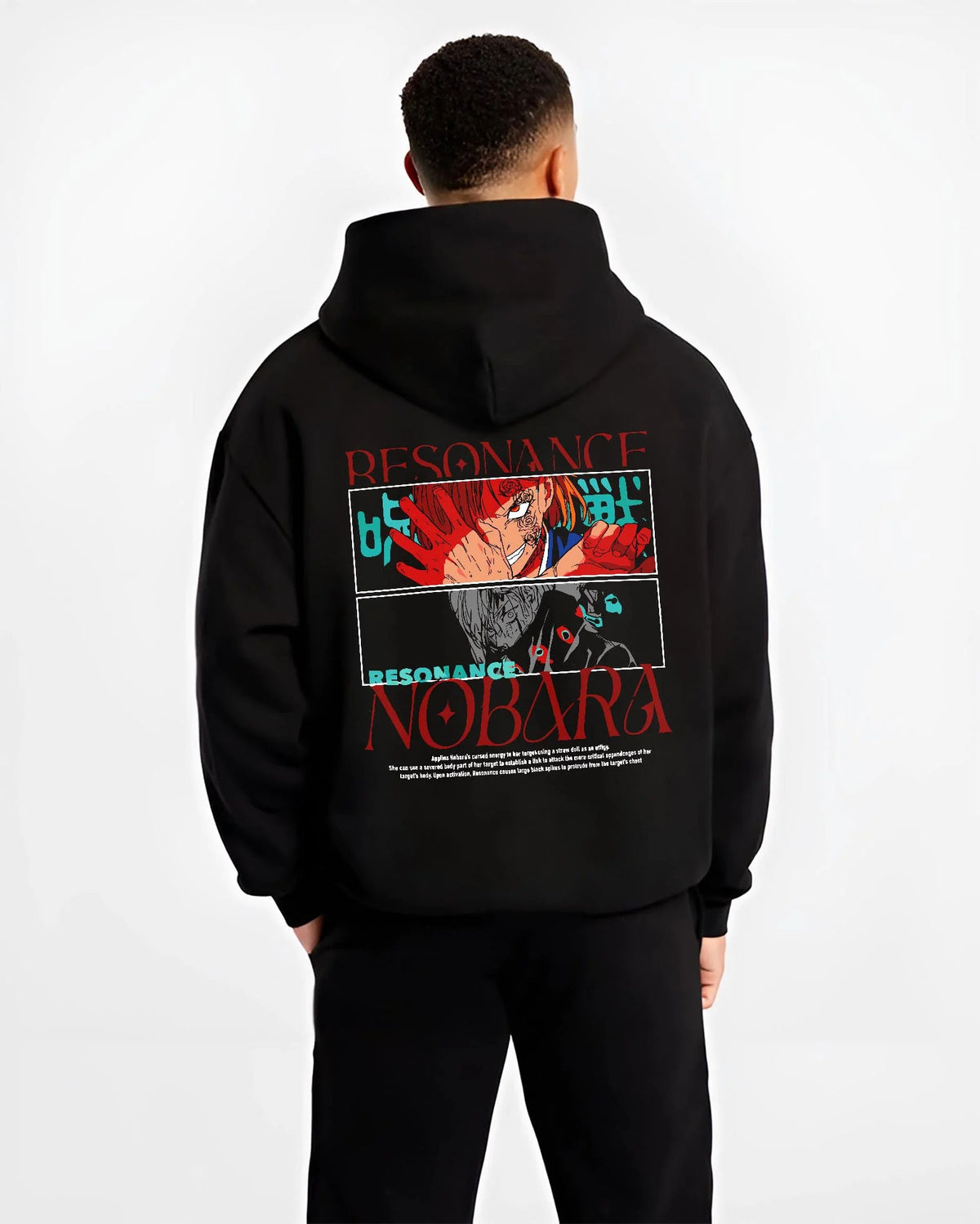 Black hoodie worn by male model from the back featuring Nobara Kugisaki Resonance technique artwork.