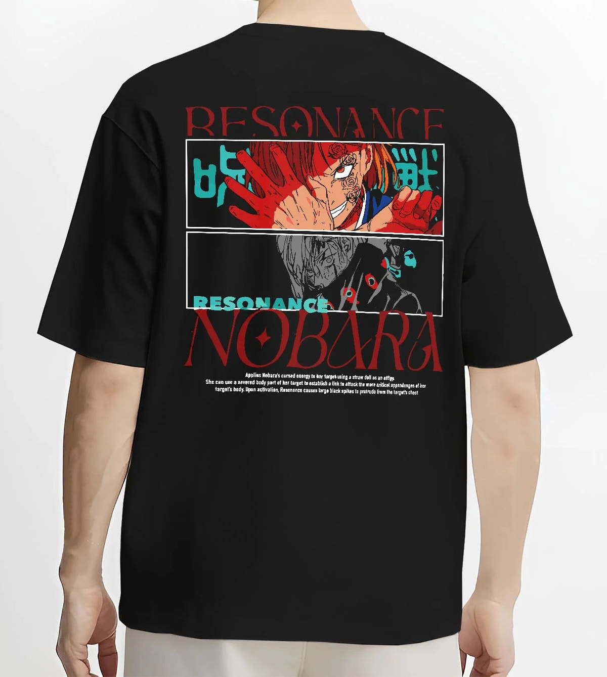 Black T-shirt worn by male model from the back featuring Nobara Kugisaki Resonance technique artwork.