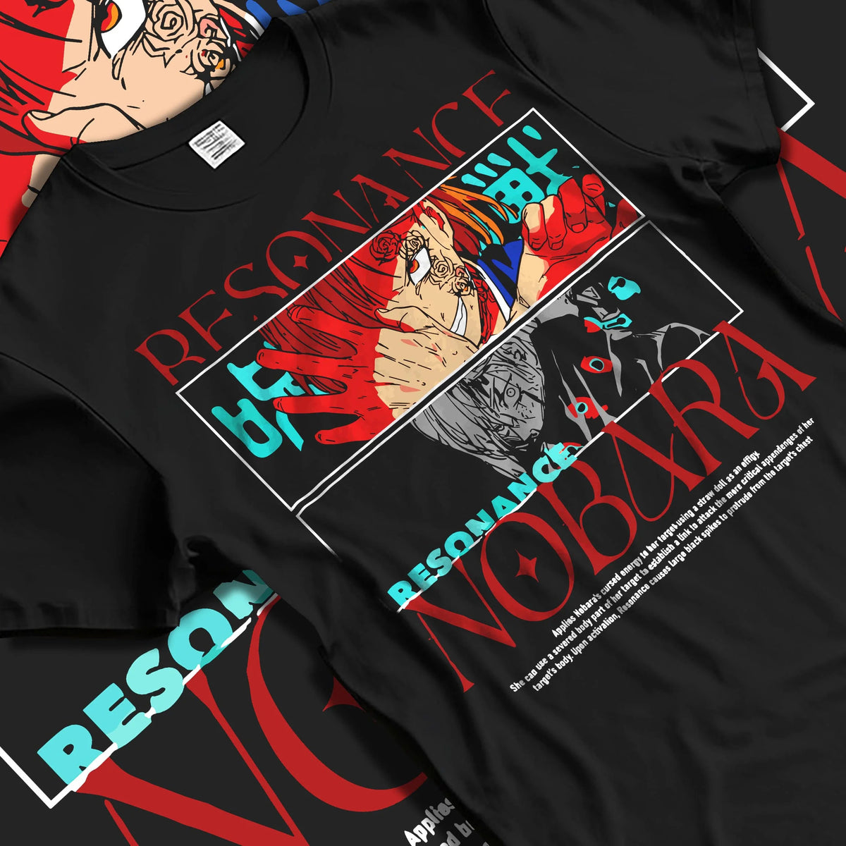 Black T-shirt laid flat with natural folds featuring Nobara Kugisaki Resonance technique artwork.