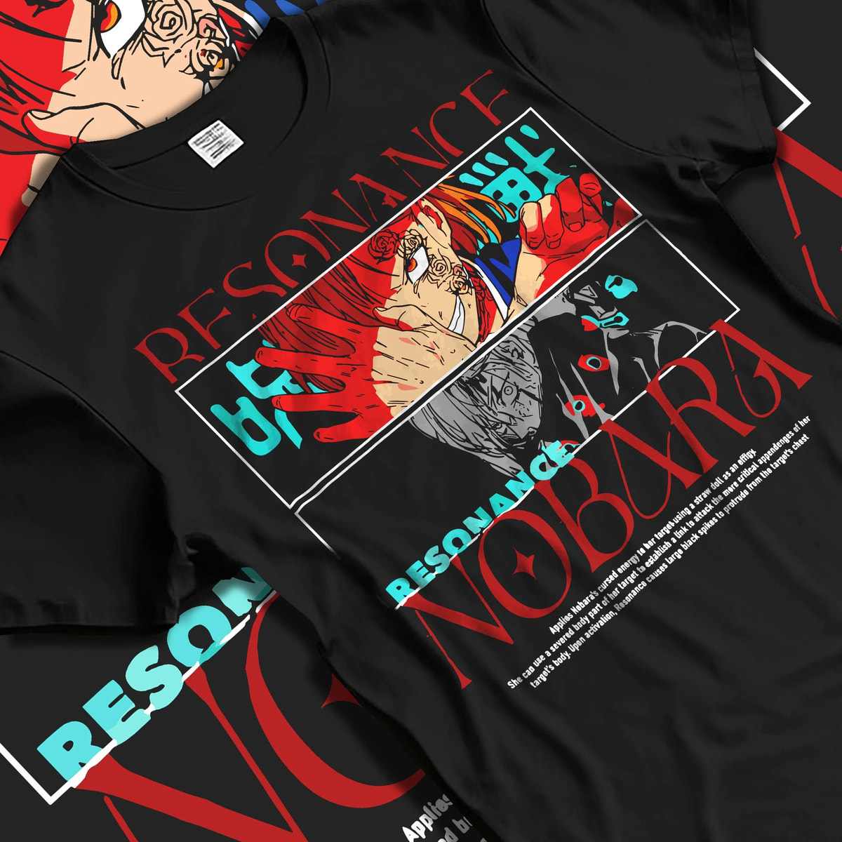 Black T-shirt laid flat with natural folds featuring Nobara Kugisaki Resonance technique artwork.