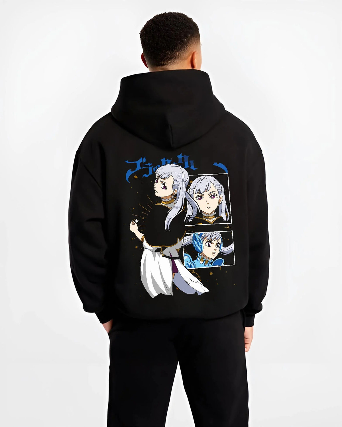 Black hoodie worn by male model from the back featuring Noelle Silva water magic artwork.