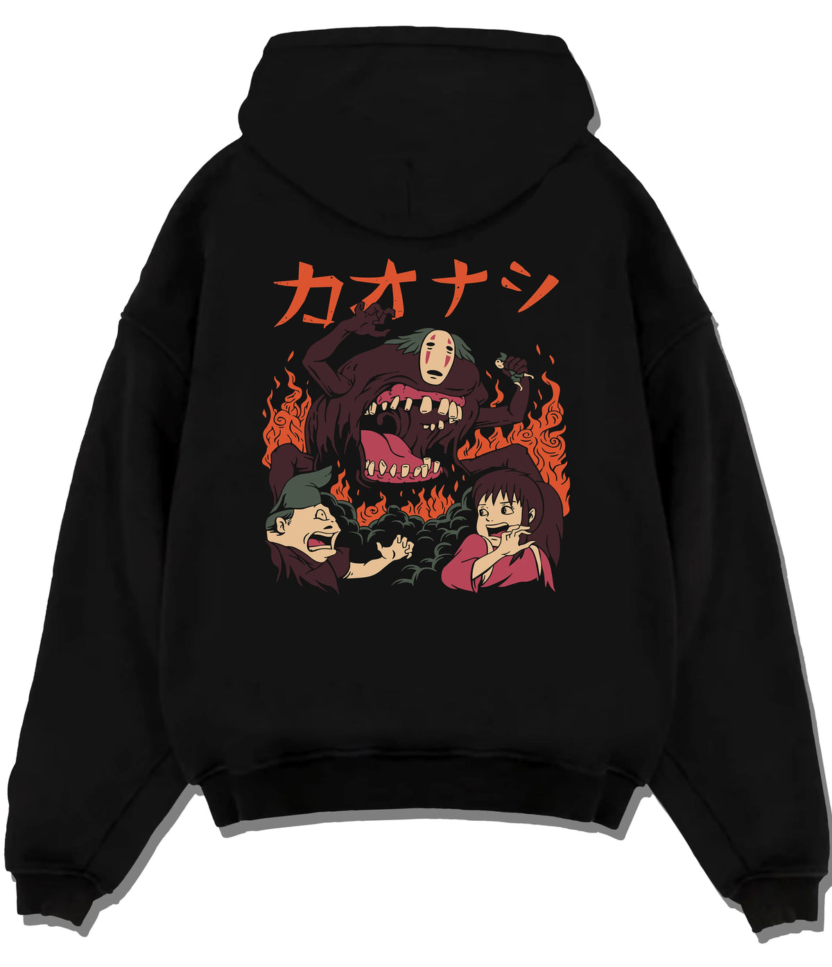 Black hoodie flat back view with No-Face / Kaonashi and Spirited Away cast illustrated back graphic