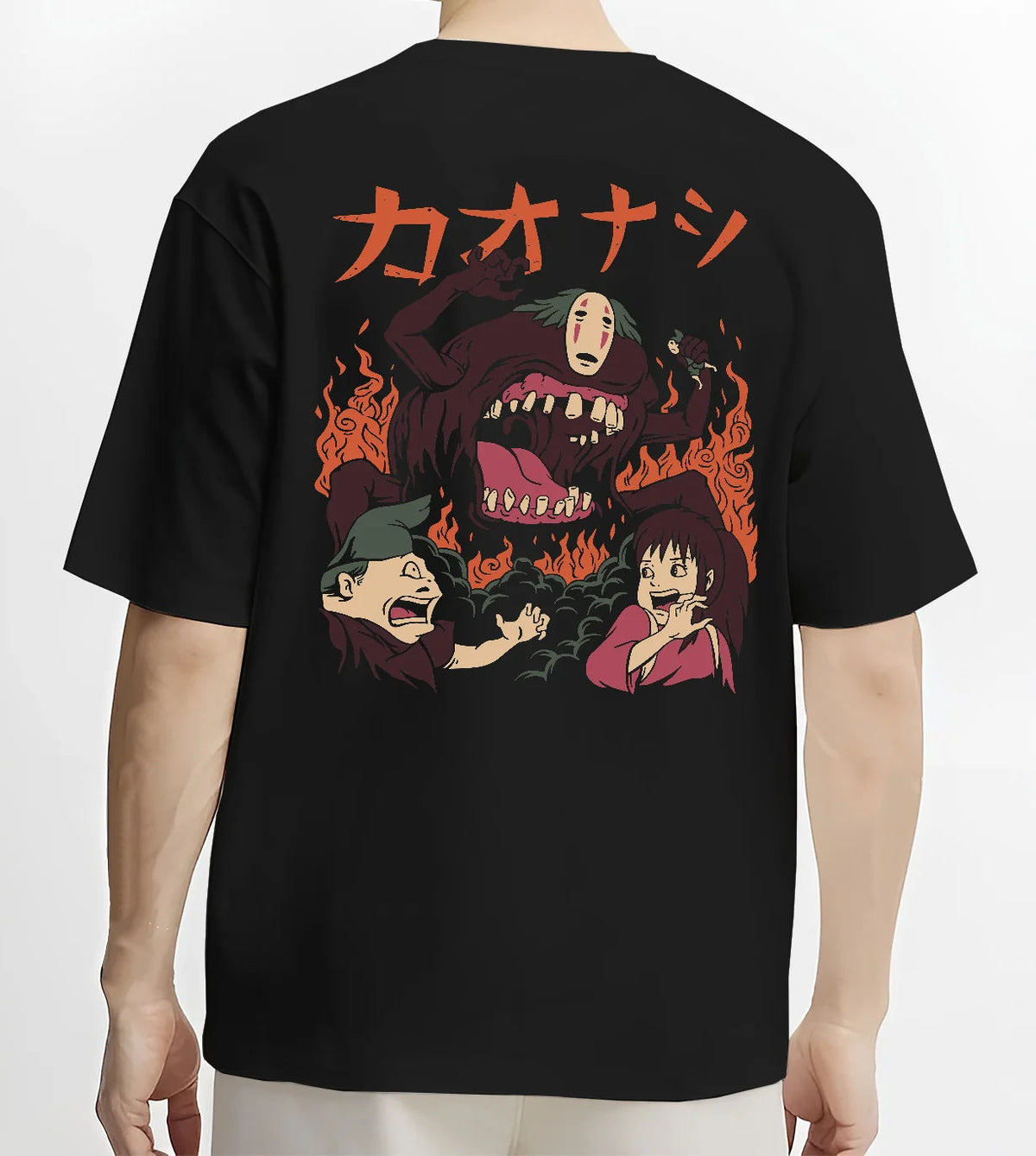 Black T-shirt model back view with No-Face / Kaonashi and Spirited Away cast illustrated back graphic