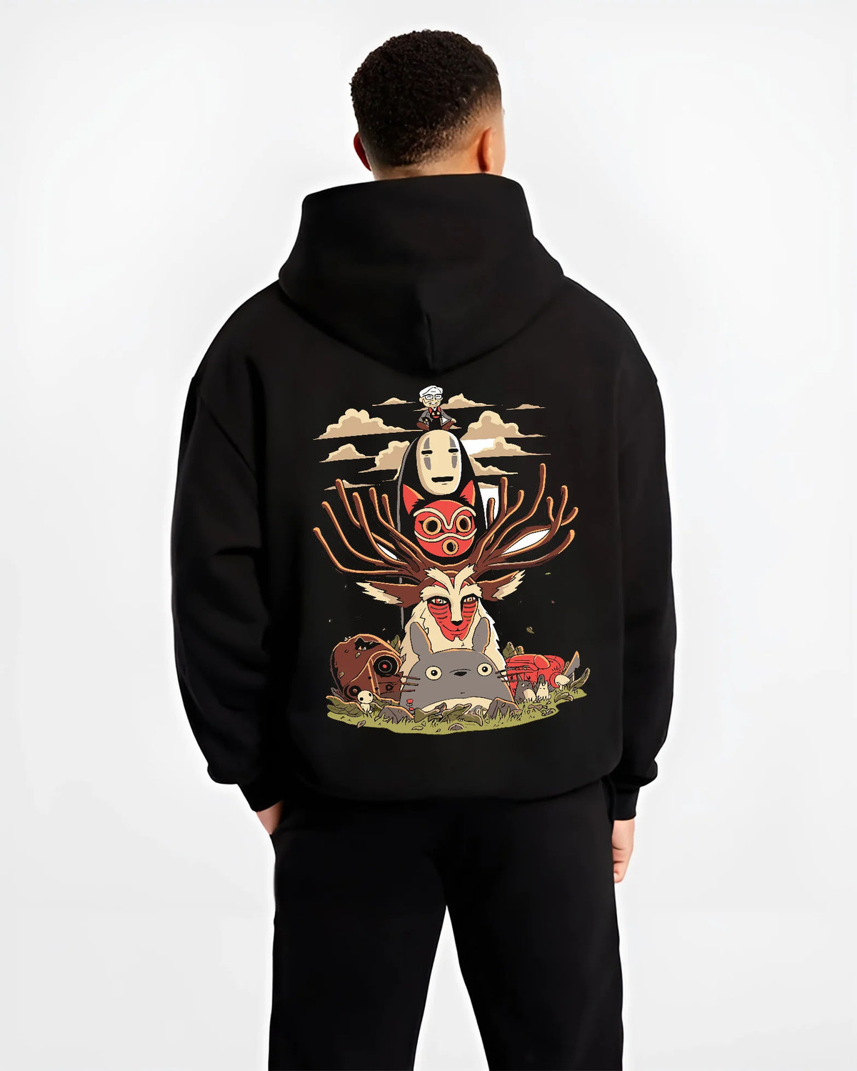 Black hoodie model back view with No-Face and Spirited Away fantasy collage from Studio Ghibli - Spirited Away illustrated