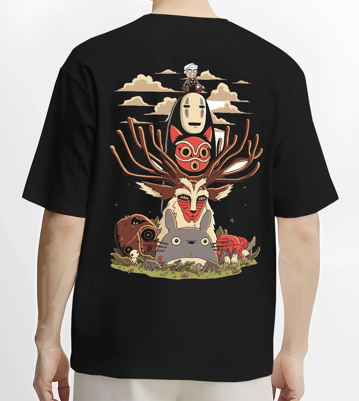 Black T-shirt model back view with No-Face and Spirited Away fantasy collage from Studio Ghibli - Spirited Away illustrated