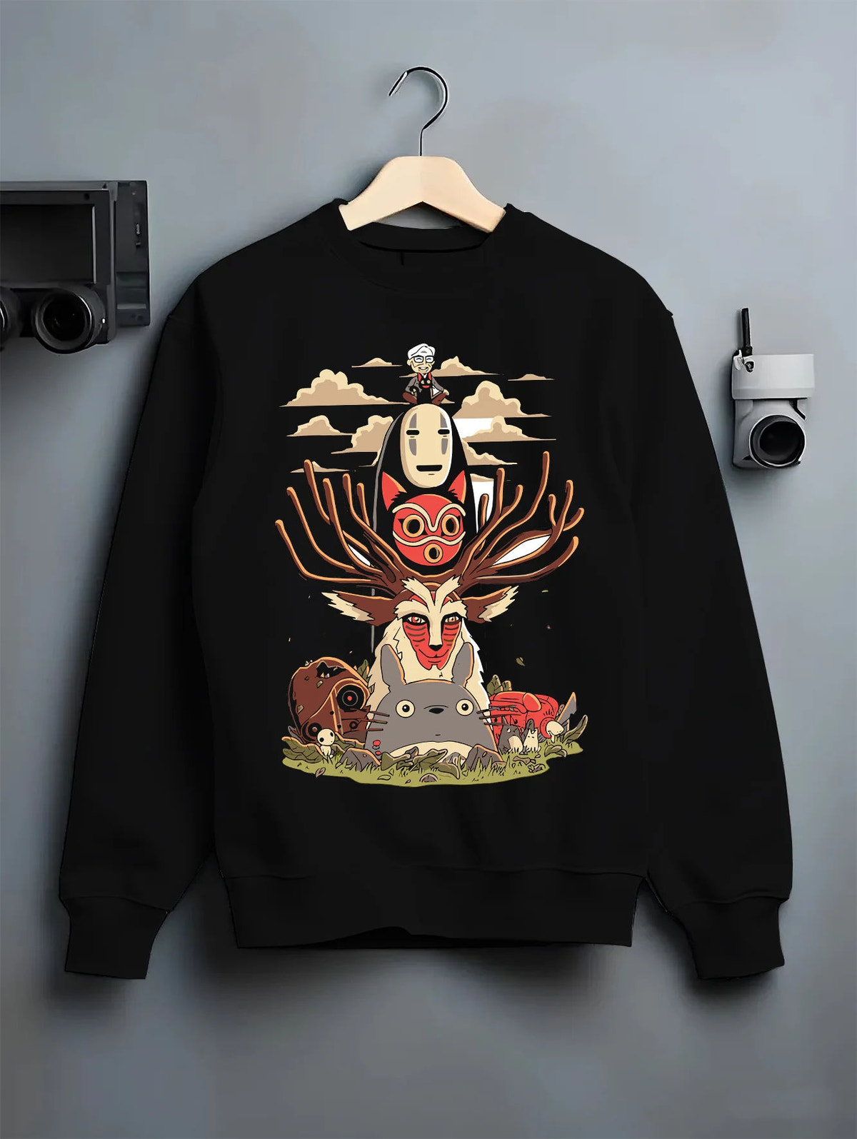 Black crewneck sweatshirt on hanger with No-Face and Spirited Away fantasy collage from Studio Ghibli - Spirited Away