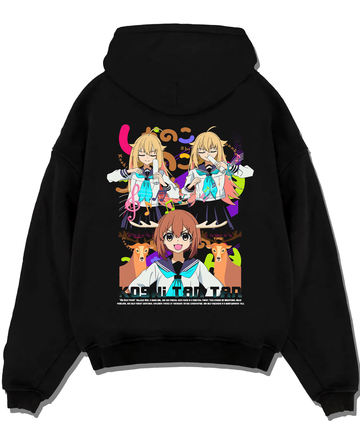 Black hoodie laid flat featuring Nokotan and the Deer Club group artwork.
