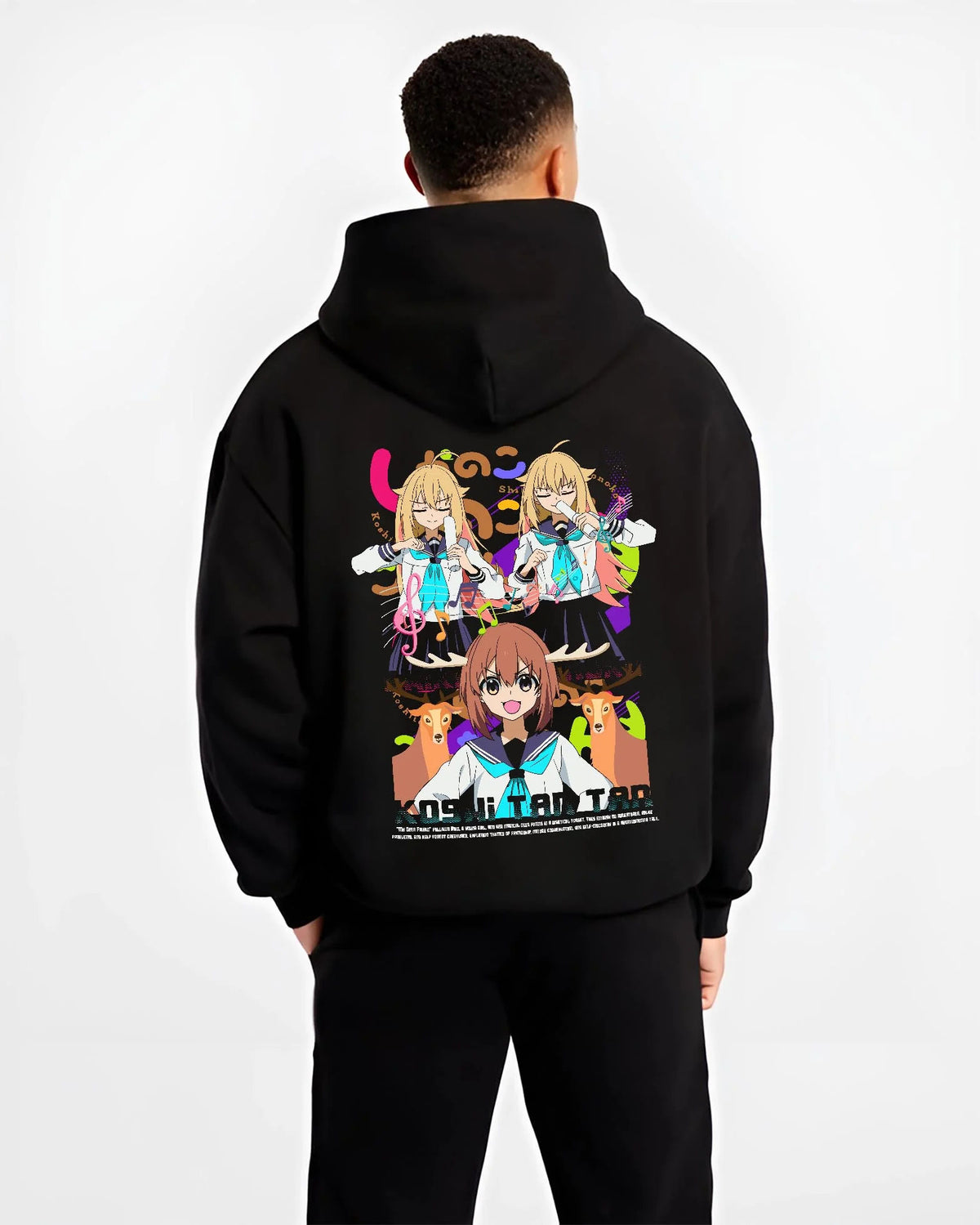 Black hoodie worn by male model from the back featuring Nokotan and the Deer Club group artwork.