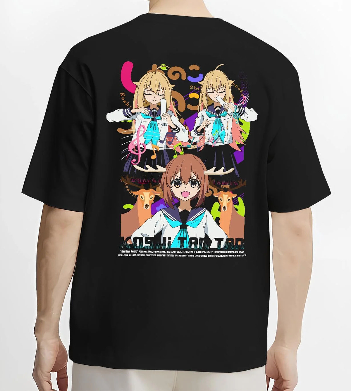 Black T-shirt worn by male model from the back featuring Nokotan and the Deer Club group artwork.