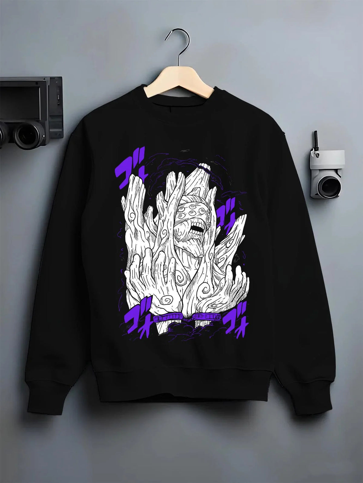 Black crewneck sweatshirt on hanger featuring Obito Uchiha White Zetsu mask form Naruto artwork.