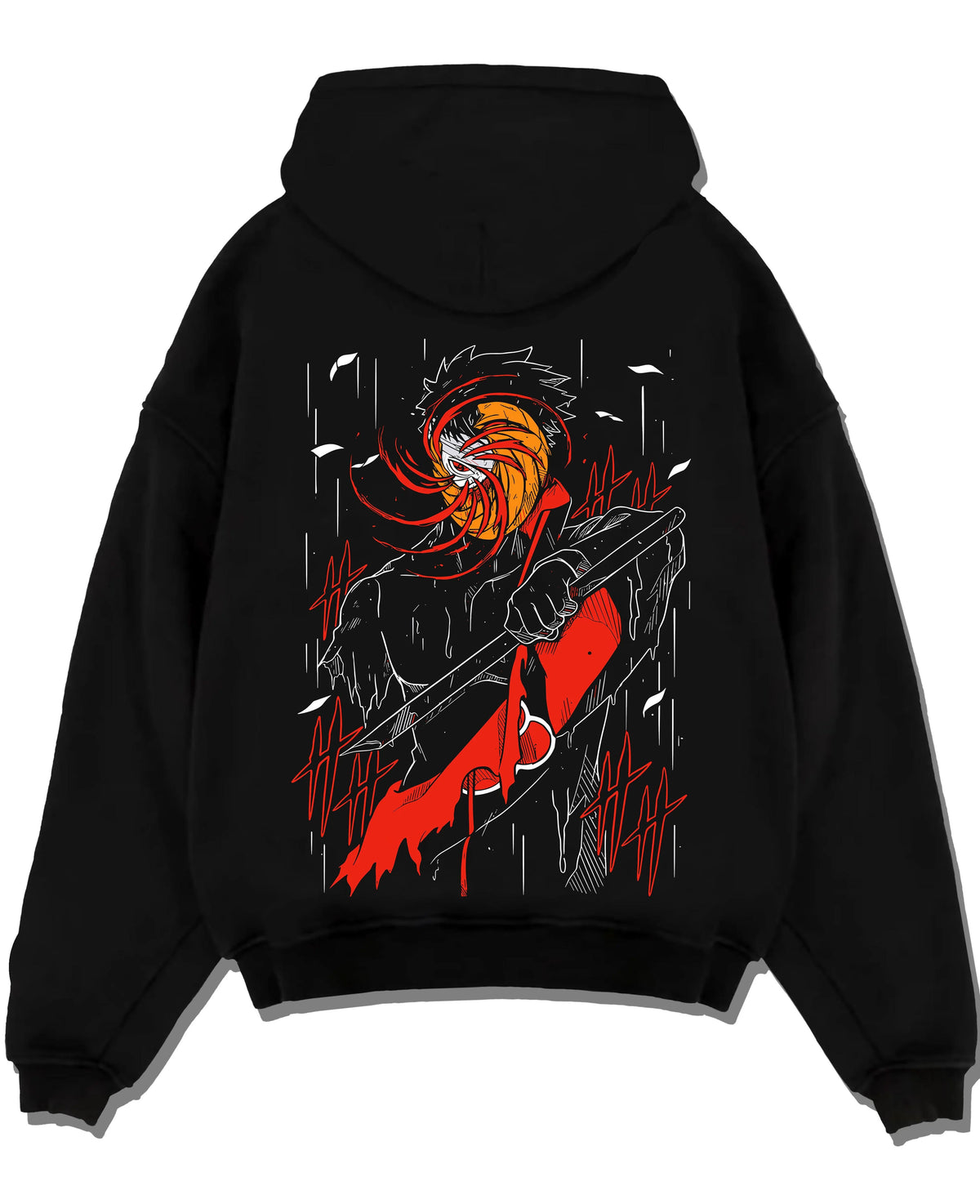 Black hoodie laid flat featuring Obito Uchiha Akatsuki spiral mask Naruto artwork.