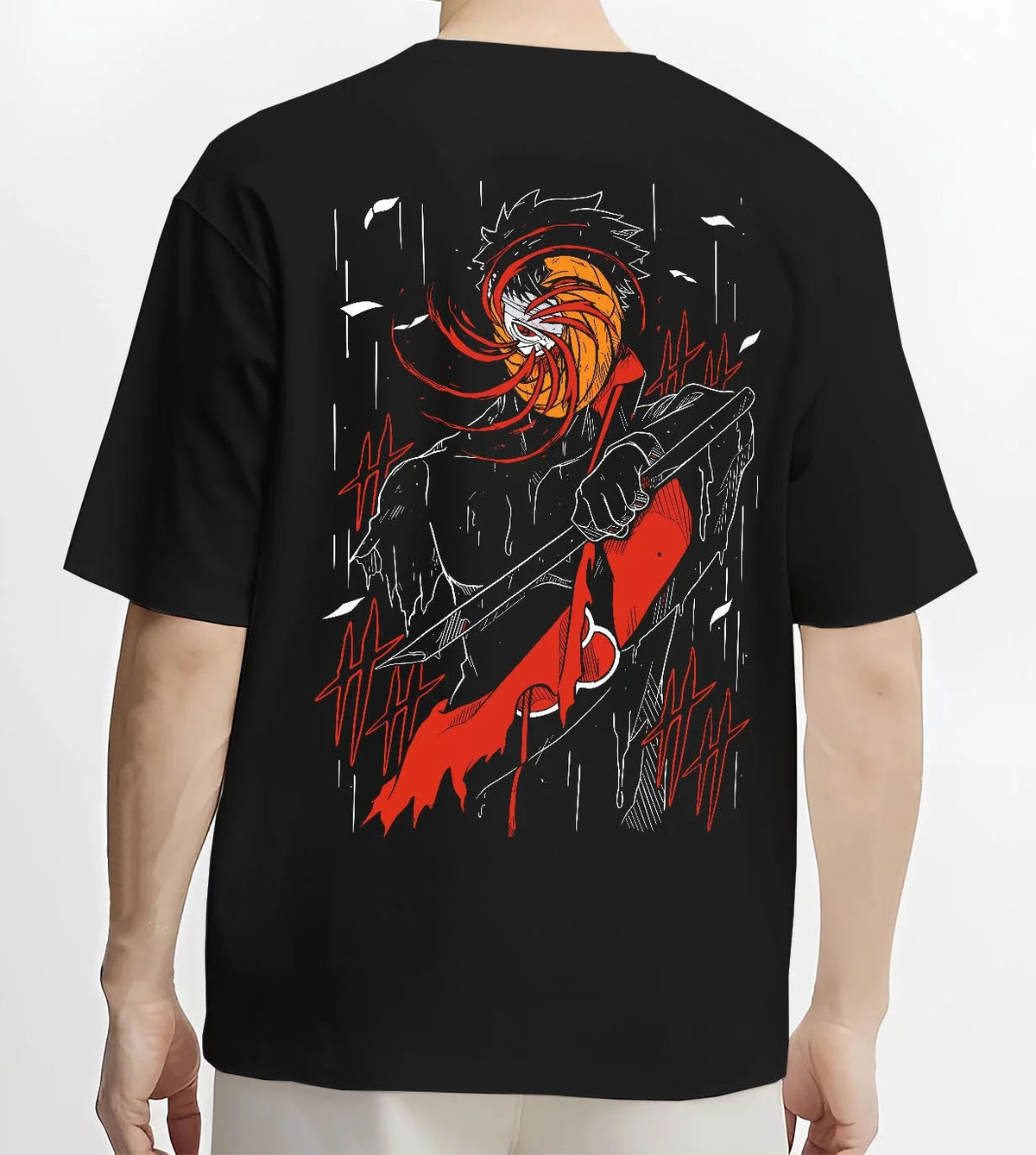Black T-shirt worn by male model from the back featuring Obito Uchiha Akatsuki spiral mask Naruto artwork.