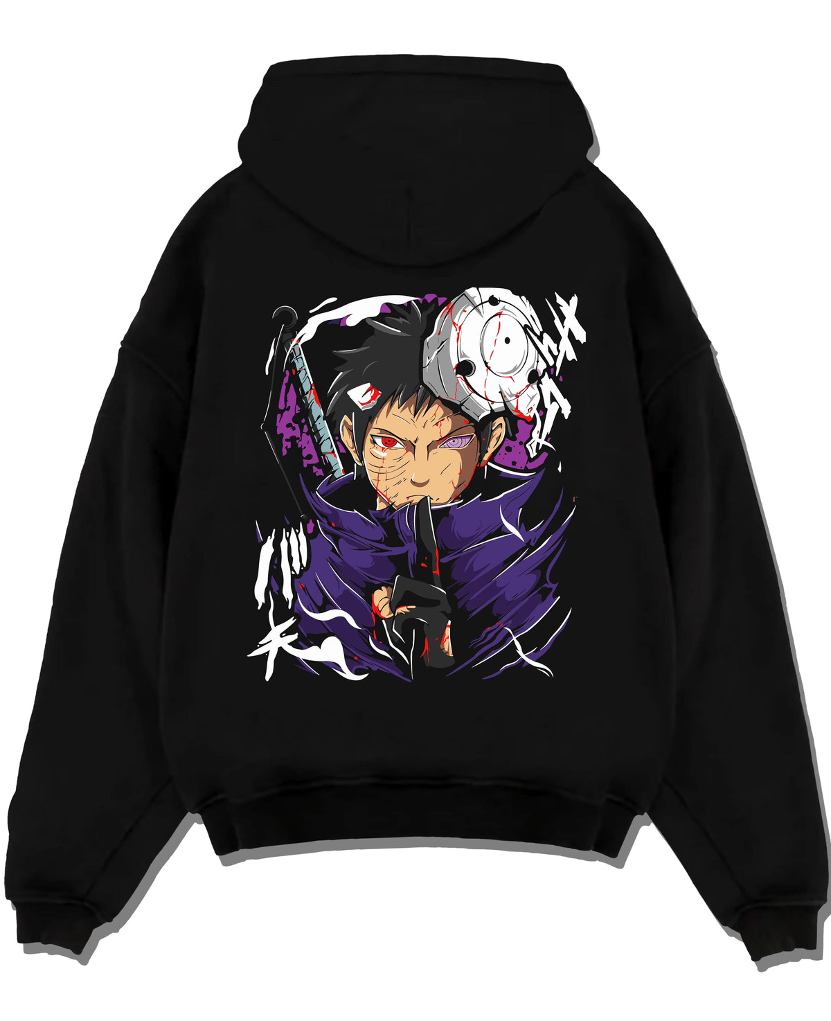 Black hoodie laid flat featuring Obito Uchiha Sharingan Rinnegan mask Naruto artwork.