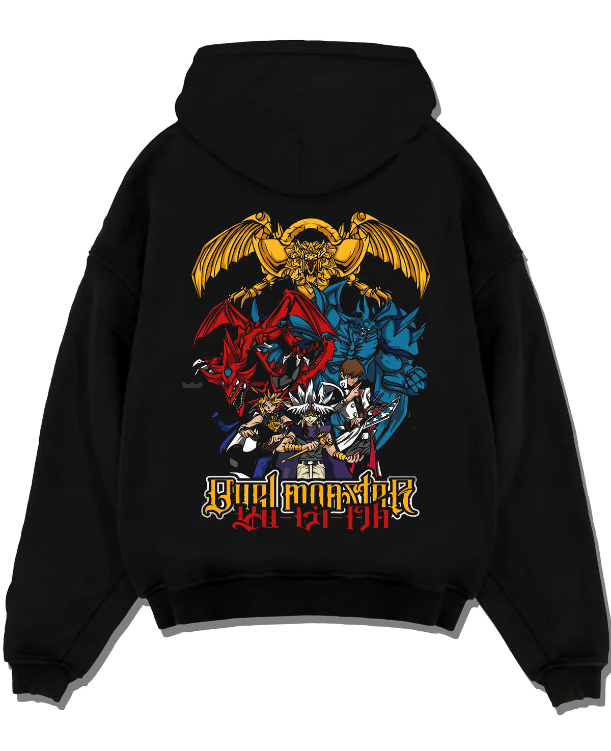 Black hoodie laid flat featuring Obelisk the Tormentor Egyptian God Yu-Gi-Oh! artwork.