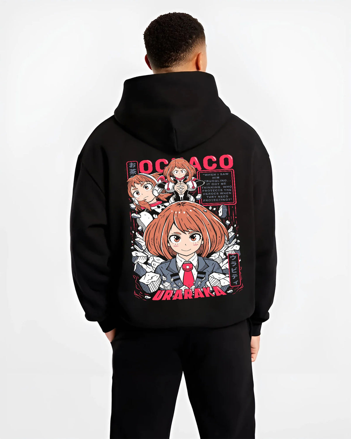 Black hoodie model back view showing Ochaco Uraraka from My Hero Academia: My Hero Academia heroine
