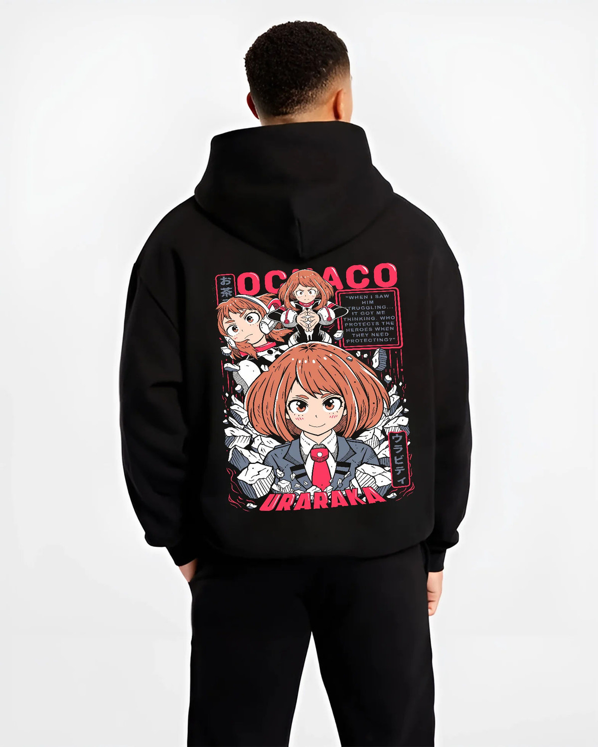 Black hoodie model back view showing Ochaco Uraraka from My Hero Academia: My Hero Academia heroine