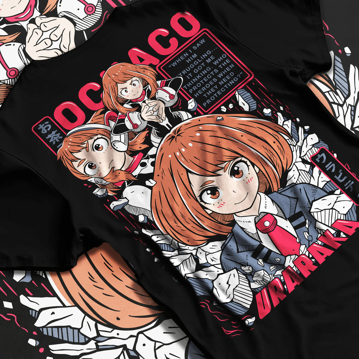 Black T-shirt flat back view showing Ochaco Uraraka from My Hero Academia: My Hero Academia heroine