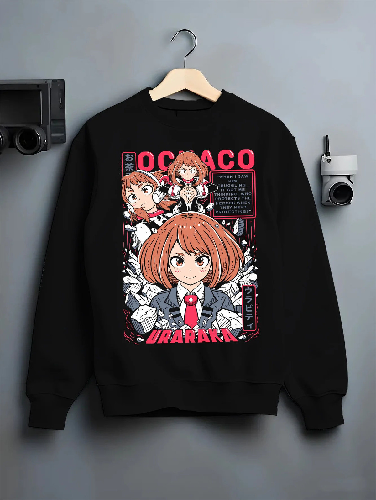 Black crewneck sweatshirt on hanger showing Ochaco Uraraka from My Hero Academia: My Hero Academia heroine