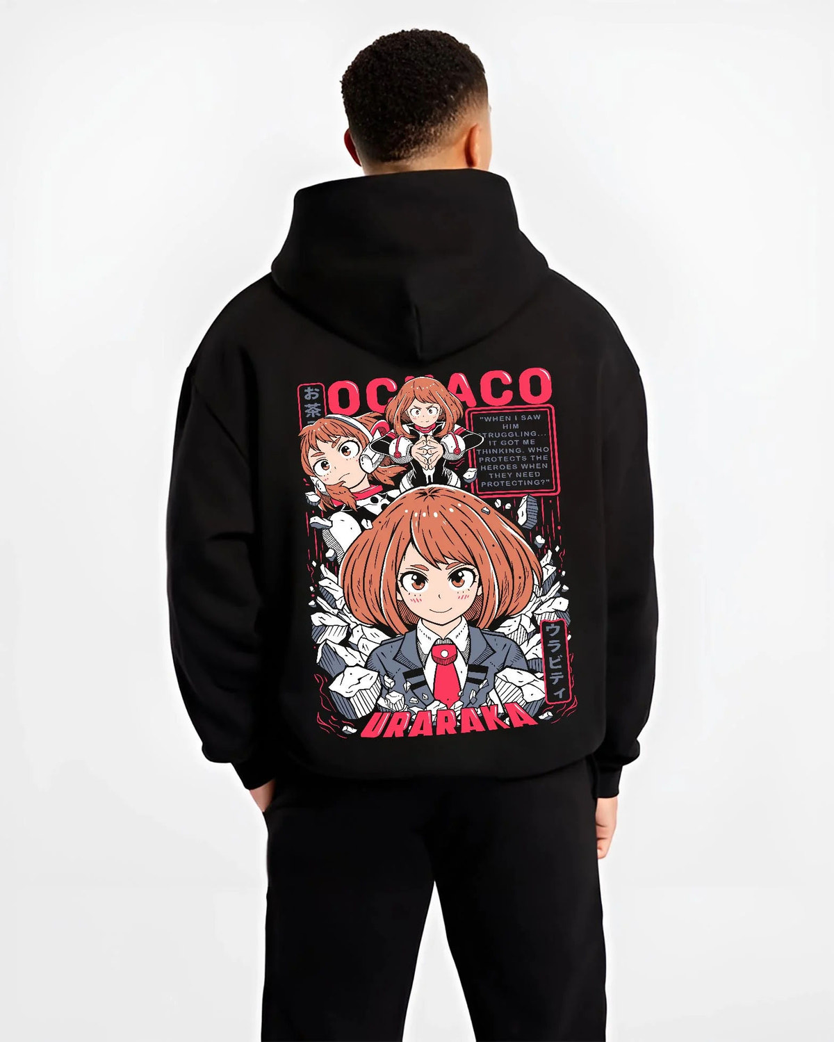 Black hoodie worn by male model from the back featuring Ochaco Uraraka Zero Gravity power My Hero Academia artwork.