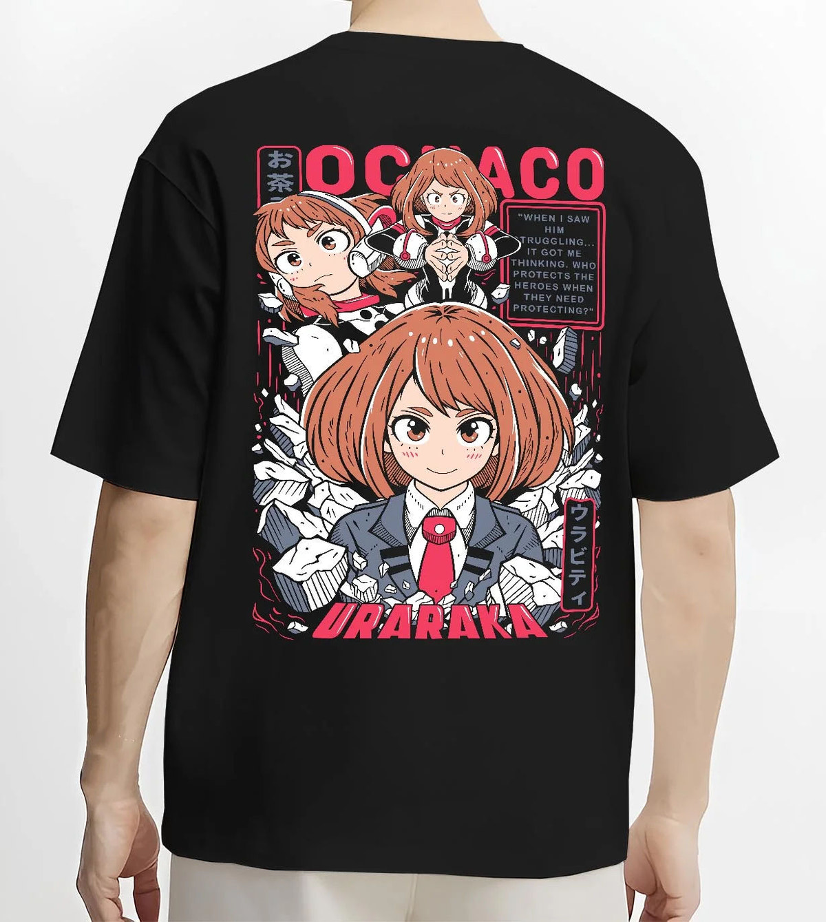 Black T-shirt worn by male model from the back featuring Ochaco Uraraka Zero Gravity power My Hero Academia artwork.