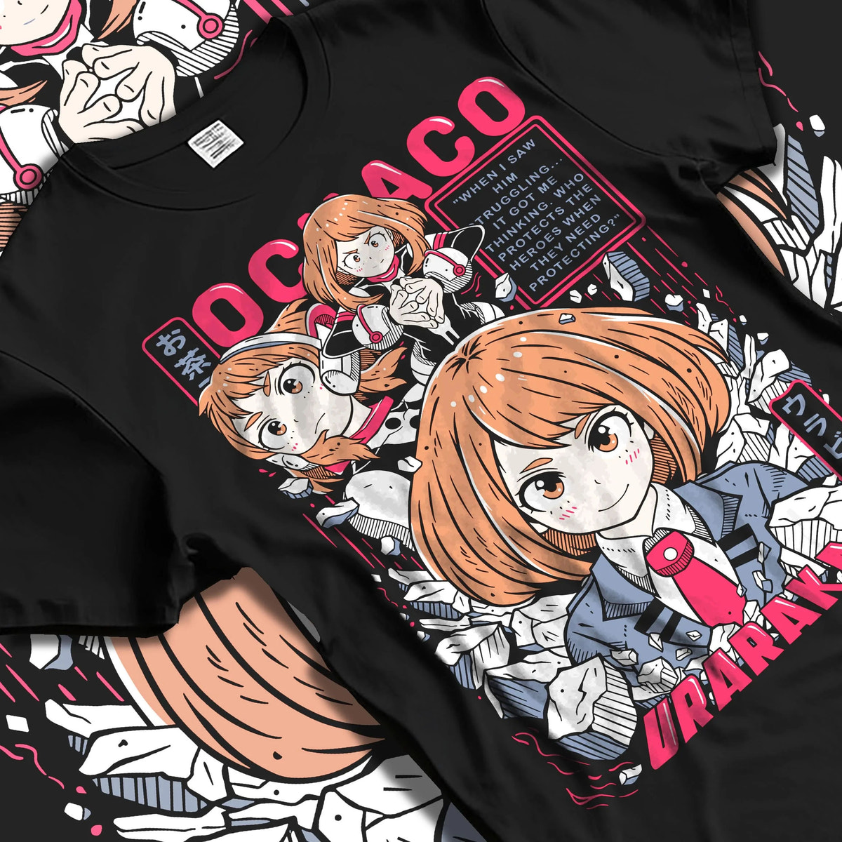 Black T-shirt laid flat with natural folds featuring Ochaco Uraraka Zero Gravity power My Hero Academia artwork.