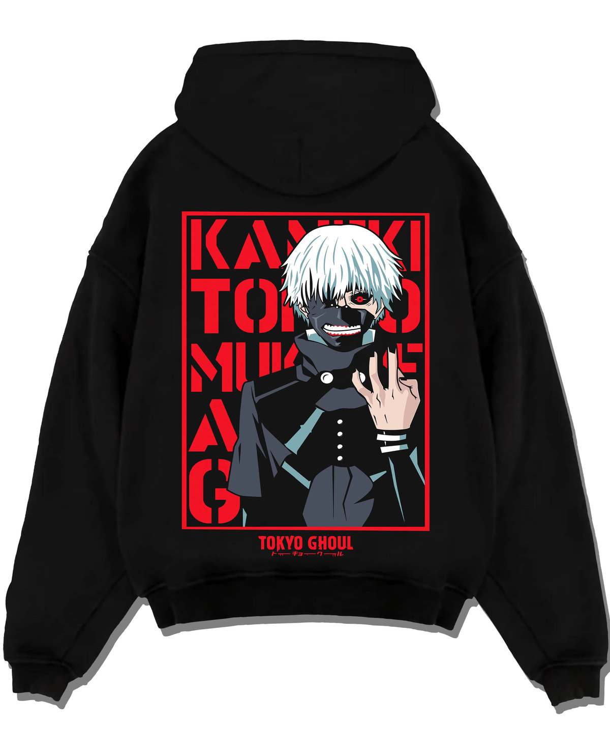 Black hoodie laid flat featuring Ken Kaneki One-Eyed King Tokyo Ghoul artwork.