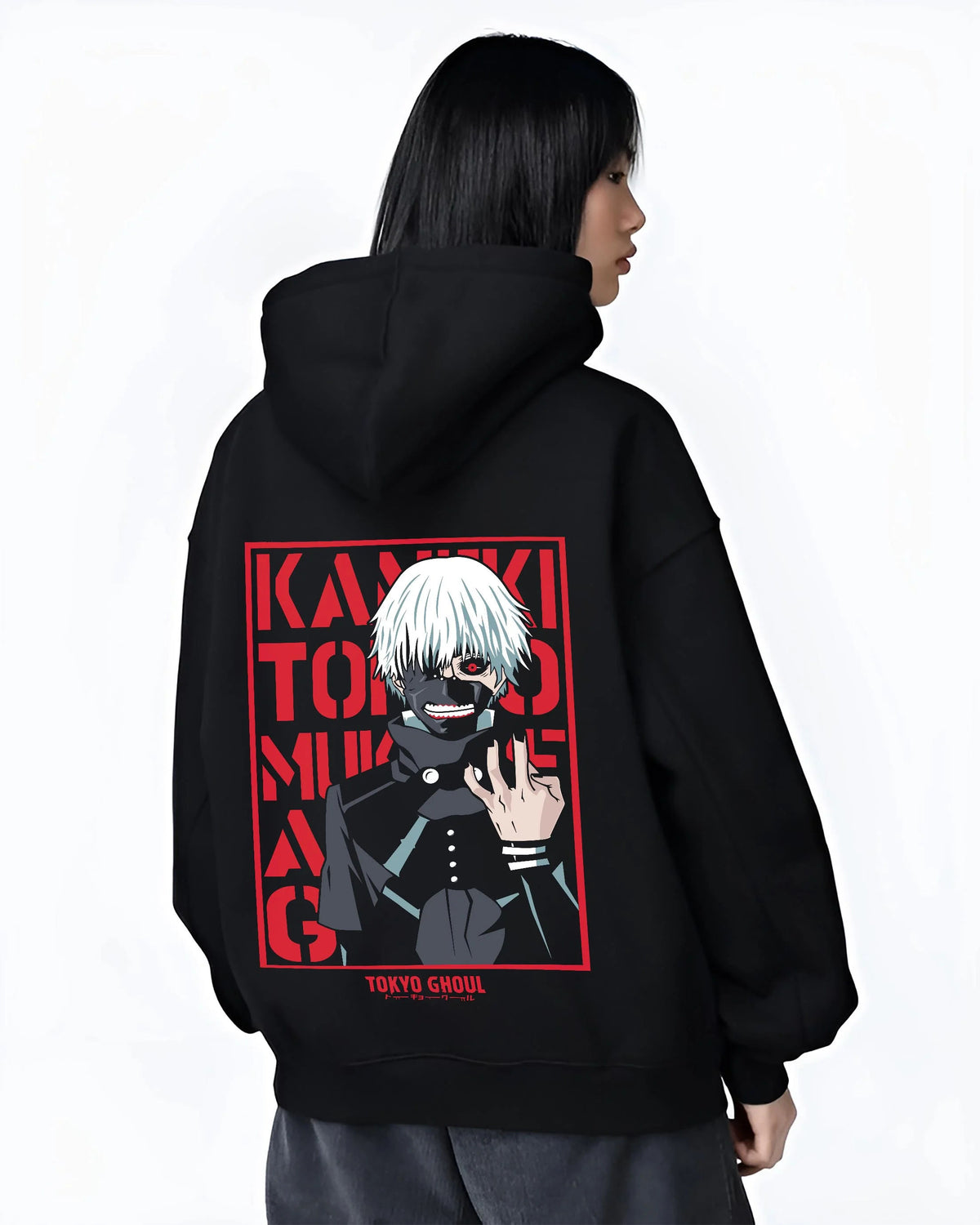 Black hoodie worn by female model from the back featuring Ken Kaneki One-Eyed King Tokyo Ghoul artwork.