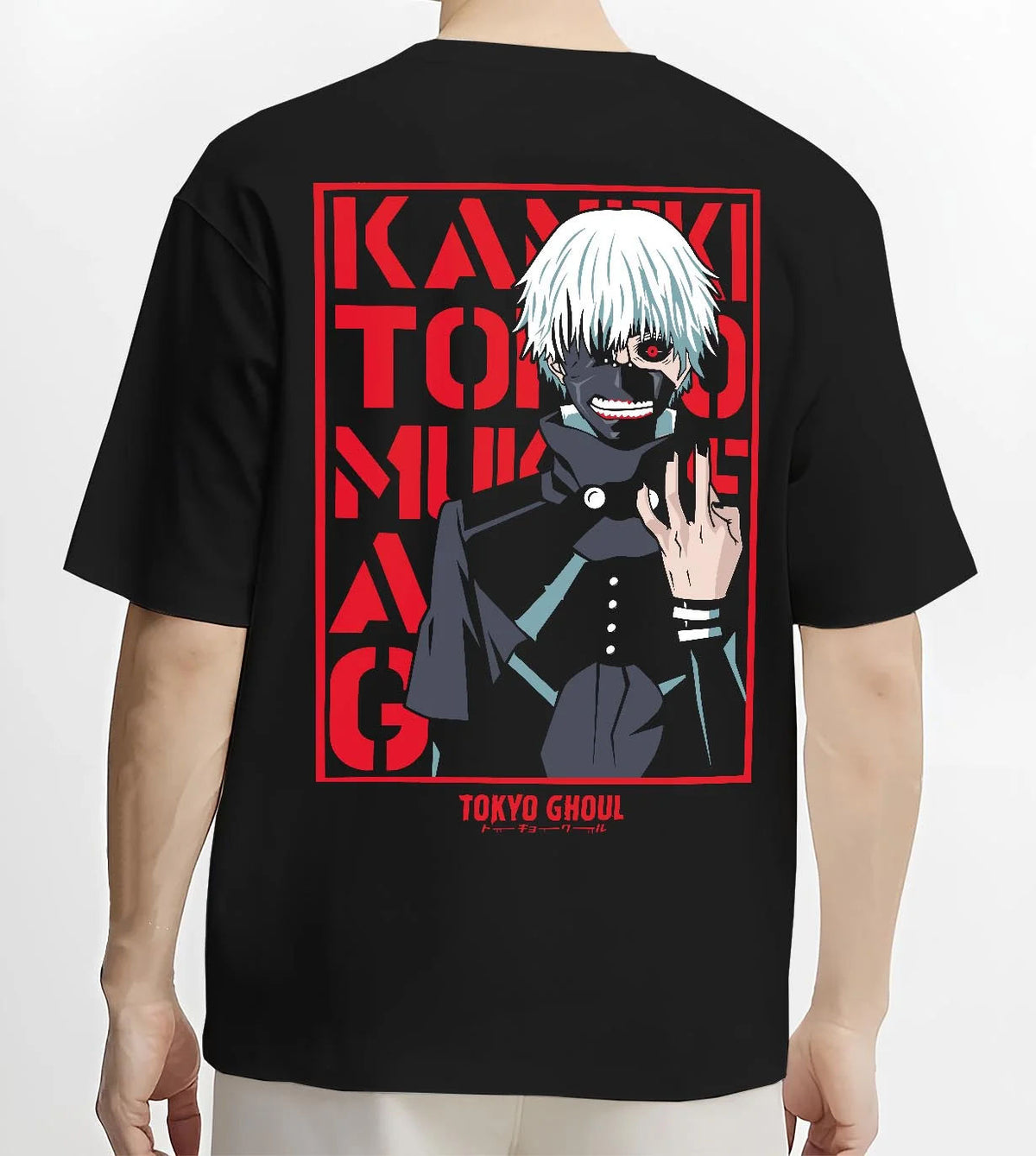 Black T-shirt worn by male model from the back featuring Ken Kaneki One-Eyed King Tokyo Ghoul artwork.