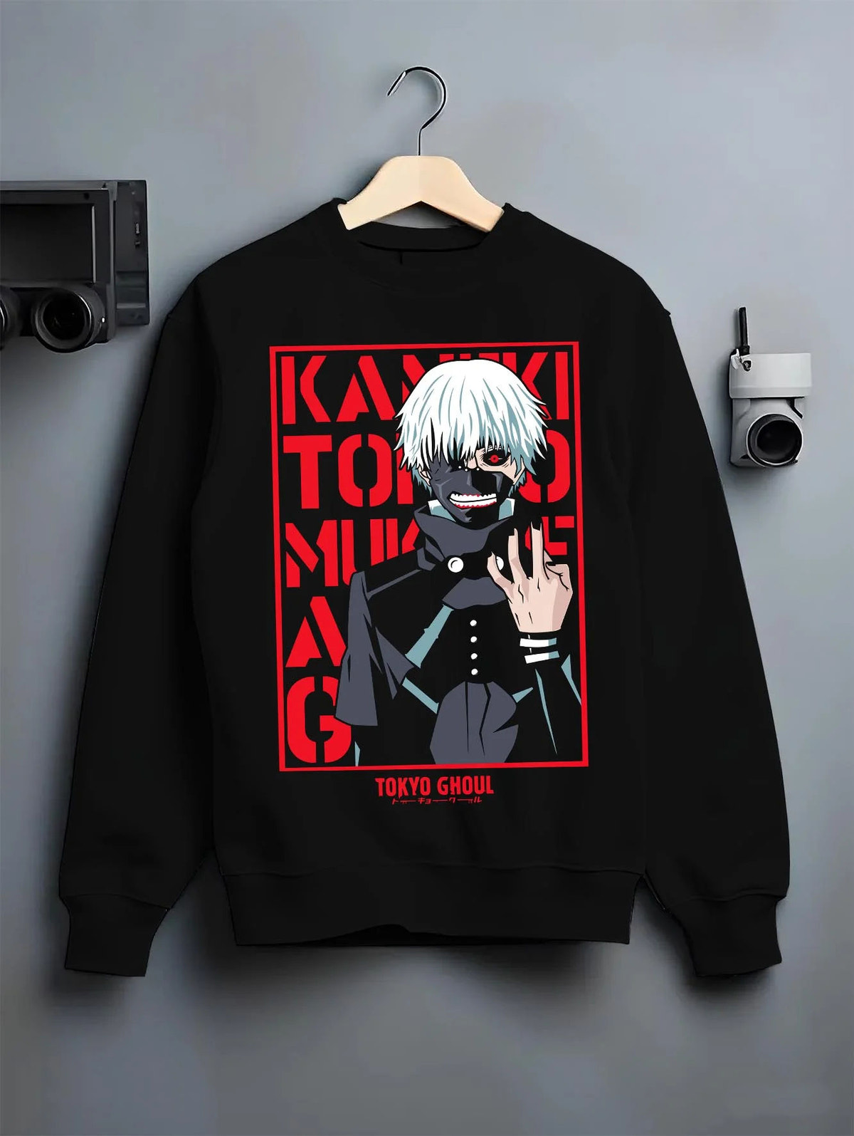Black crewneck sweatshirt on hanger featuring Ken Kaneki One-Eyed King Tokyo Ghoul artwork.