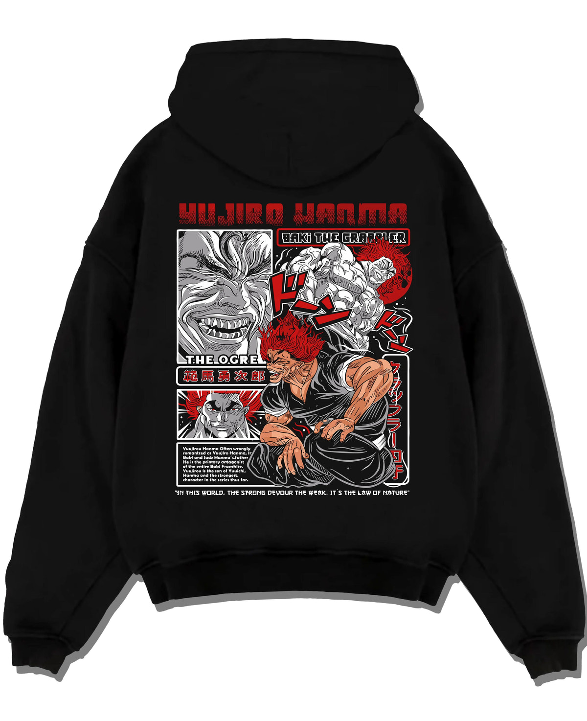 Black hoodie laid flat featuring Yujiro Hanma The Ogre Baki artwork.