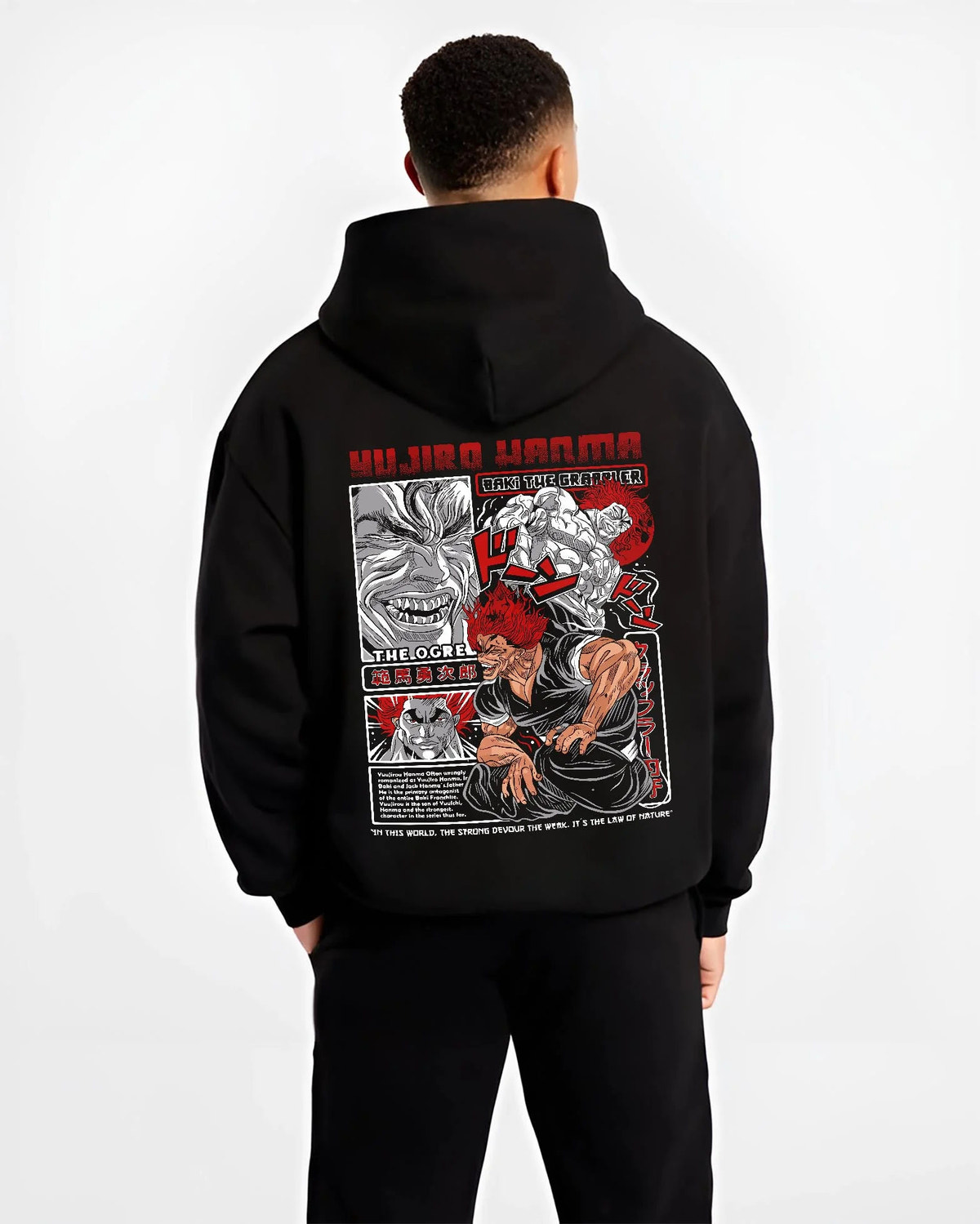 Black hoodie worn by male model from the back featuring Yujiro Hanma The Ogre Baki artwork.