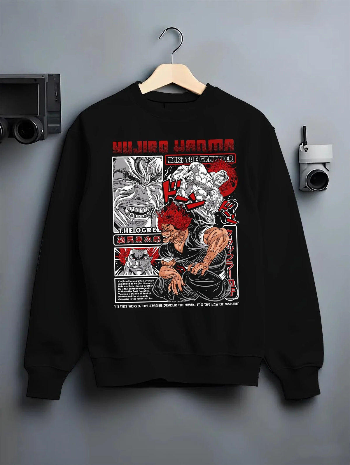 Black crewneck sweatshirt on hanger featuring Yujiro Hanma The Ogre Baki artwork.