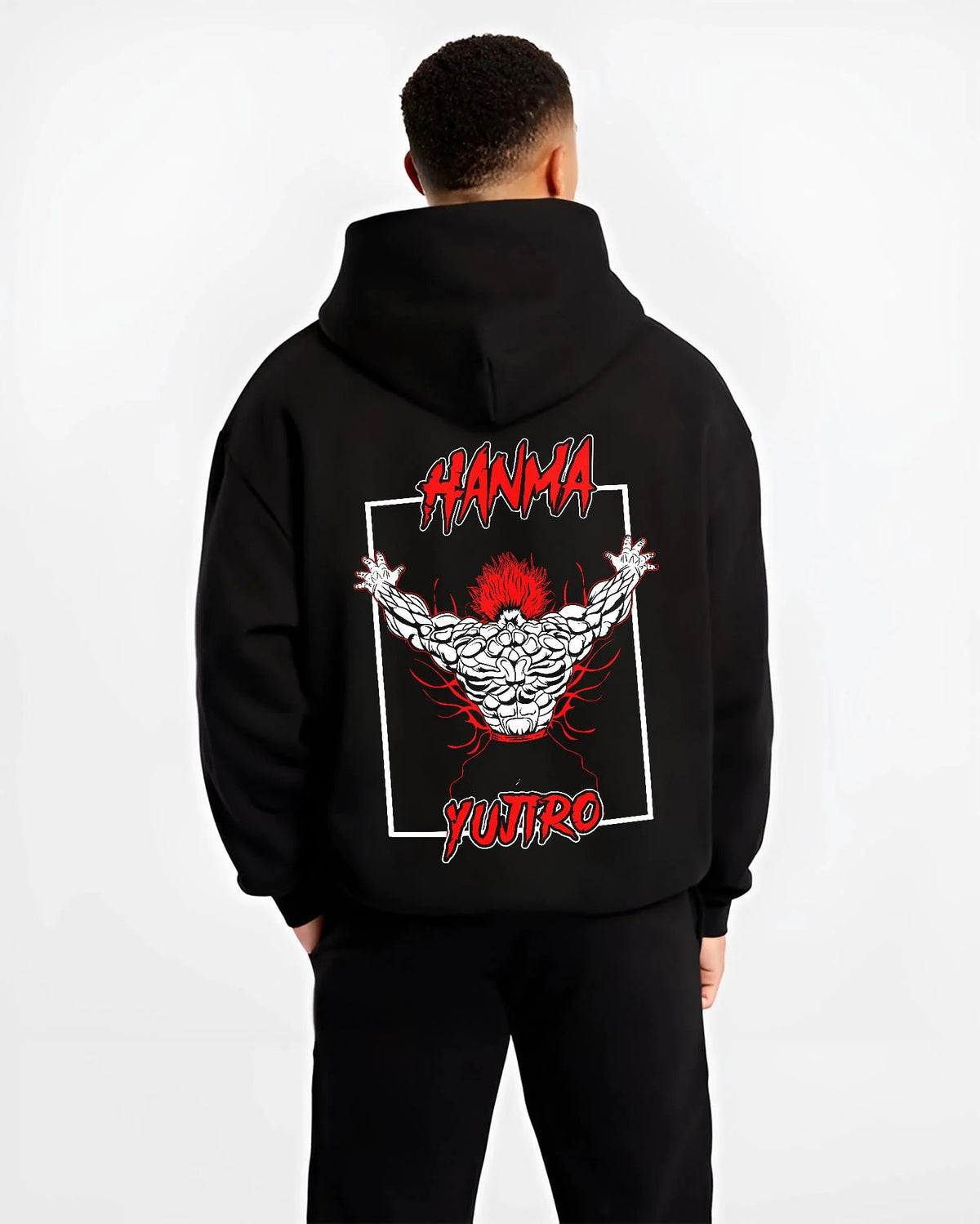 Black hoodie worn by male model from the back featuring Yujiro Hanma demon back Baki artwork.