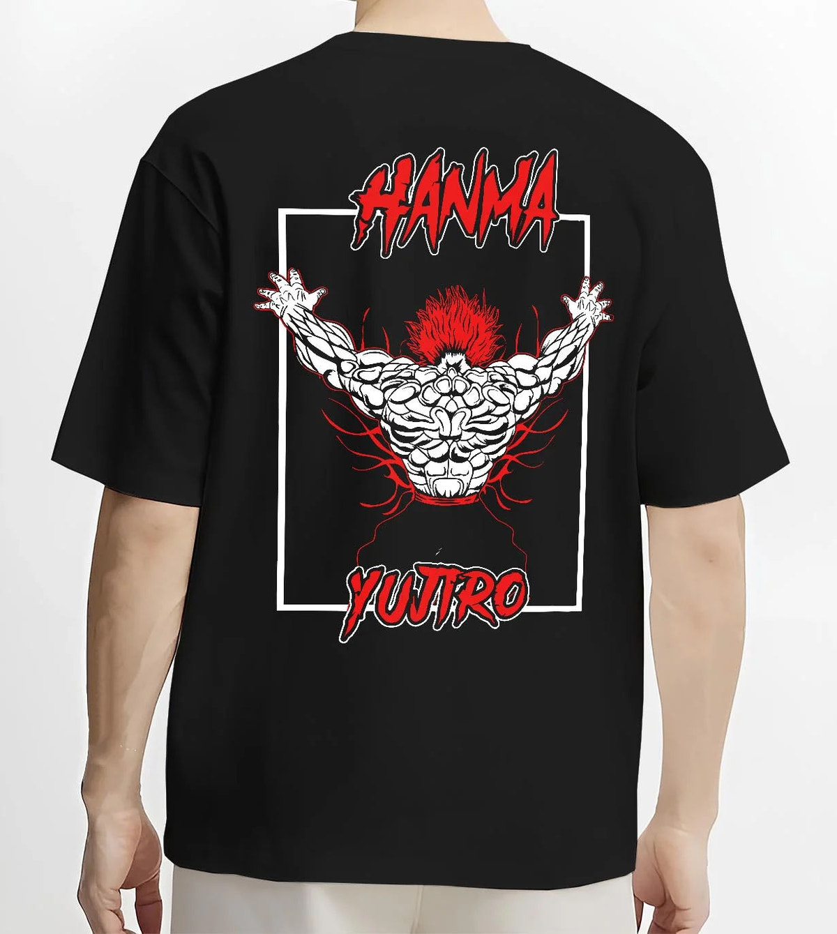 Black T-shirt worn by male model from the back featuring Yujiro Hanma demon back Baki artwork.